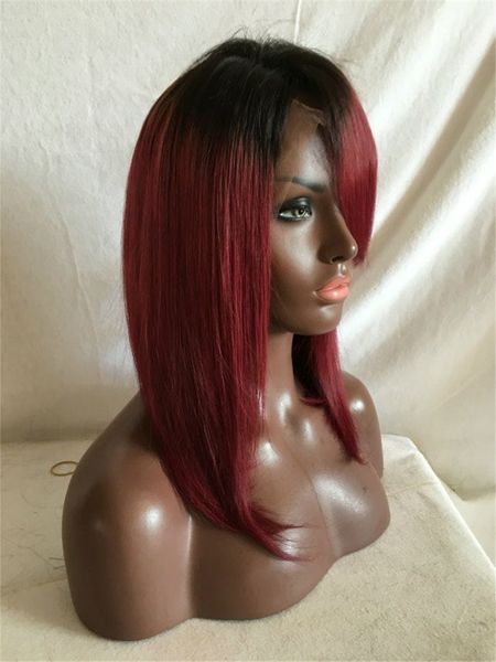 

ombre human hair lace front wigs t1b 99j two tone full lace wigs with baby hair peruvian virgin hair straight dark root burgundy, Black;brown