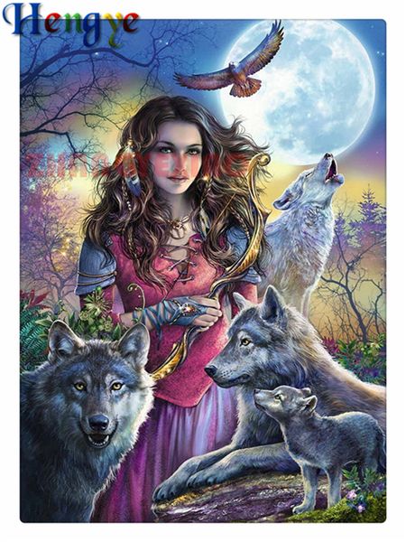 

5d diy diamond painting cross stitch kit rhinestone mosaic home decor gift forest wolf girl full square&round diamond embroidery aa0160