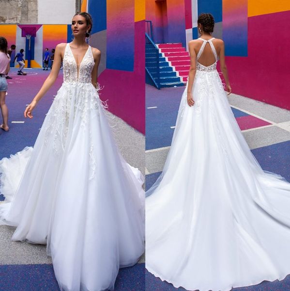 

gorgeous feather backless wedding dresses beaded a line sheer plunging neck bridal gowns sweep train tulle 3d appliqued vestido de novia, White