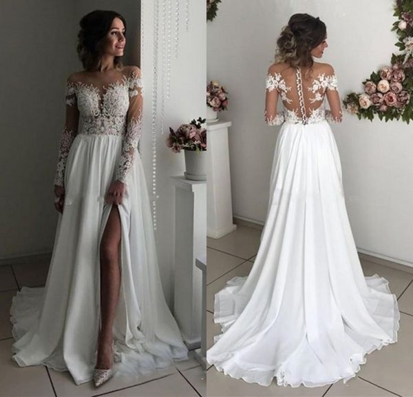 

modest long sleeves wedding dresses sheer neck illusion bodice appliques chiffon slit boho bridal dresses beach wedding gowns with split, White