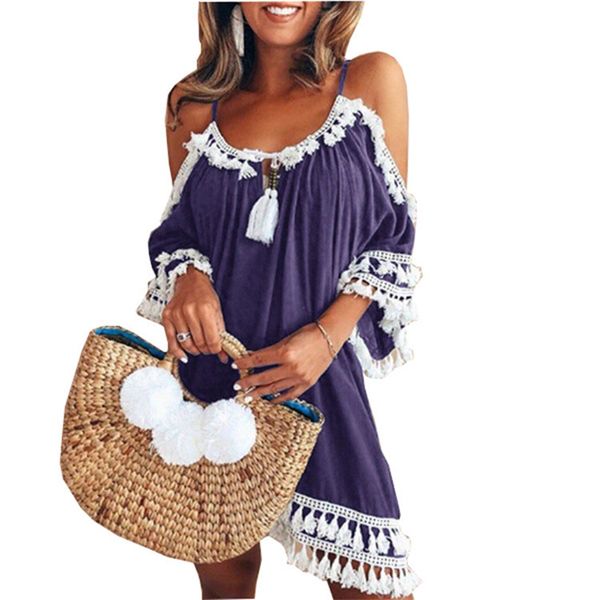 

party dress women summer lace tassel dresses fashion off shoulder halter mini dress, White;black