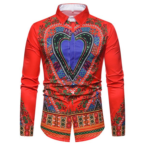 

3d heart print shirt men 2018 traditional ethnic printed mens dress shirts slim long sleeve social shirt male camisas masculinas, White;black