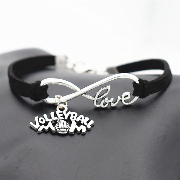 

afshor women's fashion sports antique silver volleyball mom charm pendant infinity love leather bracelet bangle volleyball game team je, Golden;silver