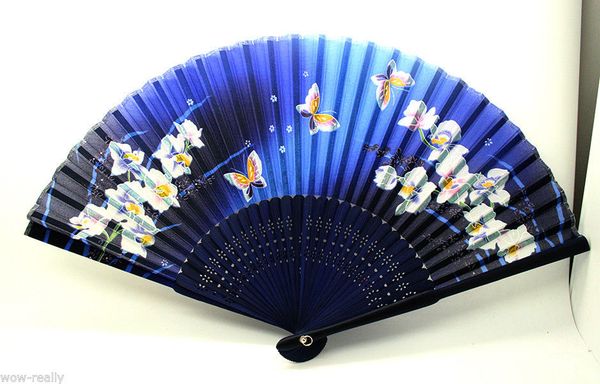 

pretty silk bamboo folding fan blue flowers & butterfly wedding party decor