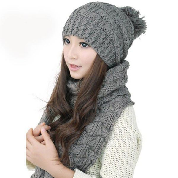 

women's girls winter wool knitted scarf and hat set warm crochet thicken skullies & beanies and scarves, Blue;gray