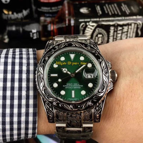 

new 40mm date florence retro full engraving green dial 116610lv automatic mens watch vintage carved band watches ox48, Slivery;brown