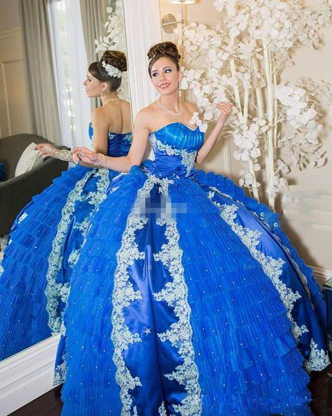 

Royal Blue Ball Gown Sweetheart Corset Prom Party Dresses Backless Applique Beads Ruffles 2018 Quinceanera Dresses Custom Made