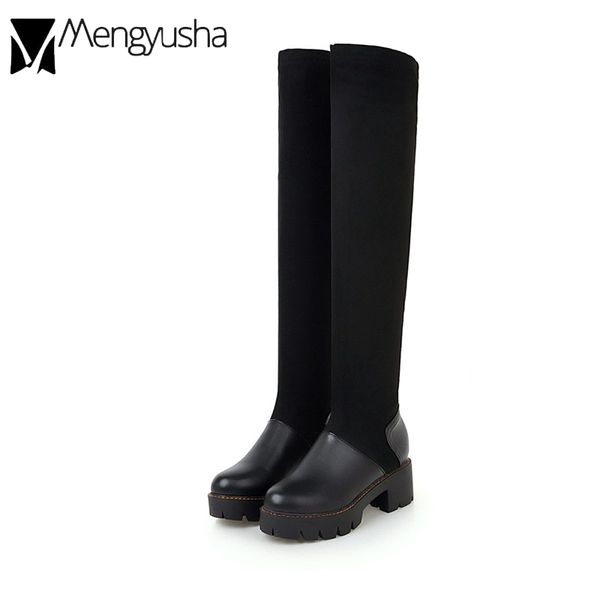 

big size 34-43 over knee patchwork socks booties thigh high thick heels women shoes winter warm platform boots hand-sewn zapatos, Black