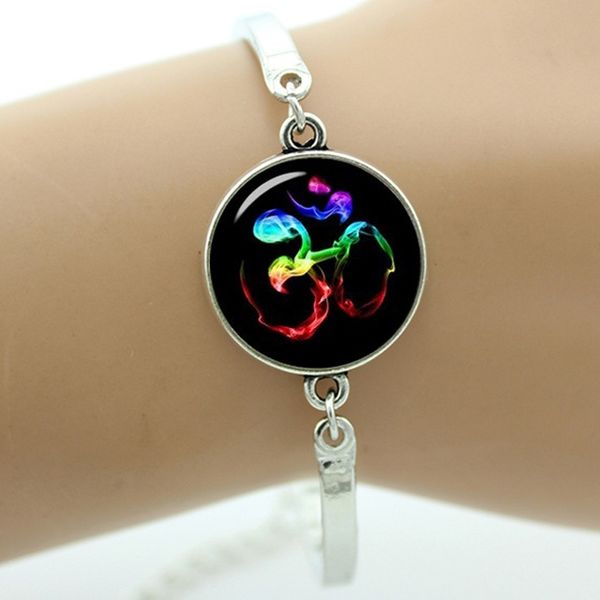

colorful om ohm aum namaste yoga symbol bracelet vintage hindu zen jewelry glass art mandala women jewellery t480, Black