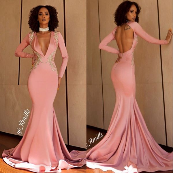 

pink deep v neck mermaid prom dresses 2019 vintage long sleeved backless formal evening gowns with gold applique lace