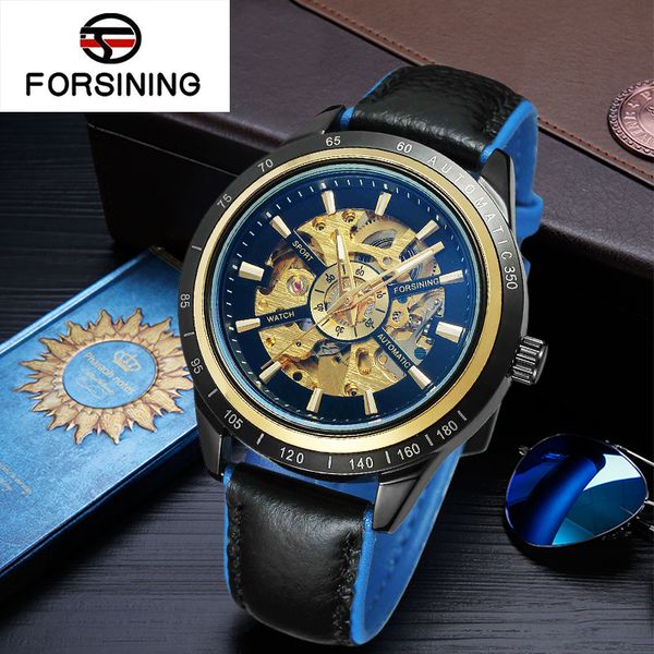 

forsining 2017 racing fashion design leather transparent watch mechanical automatic men's wrist watch with gift box, Slivery;brown