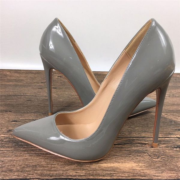 

Free Shipping women lady woman 2018 fashion gray Patent leather Poined Toes Wedding heels Stiletto High Heels shoes pumps 12cm 120mm