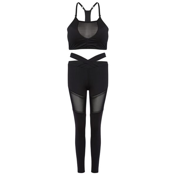 

women yoga set trendy spaghetti strap padded spliced mesh mid waist bra with long pants women yoga sports suit, White;red