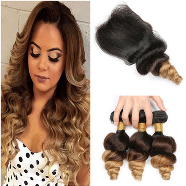 

#1b/4/27 honey blonde ombre 3bundles indian virgin human hair loose wave wavy weaves with three tone ombre 4x4 front lace closure, Black;brown