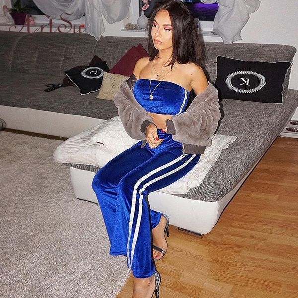 

pullover striped romper crop flare pant tracksuit sets women two piece set spring fashion velvet overalls female, Gray
