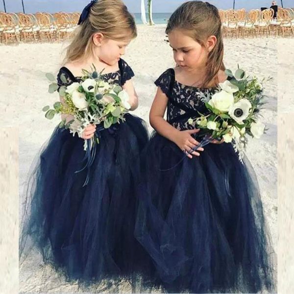 Abiti da ragazza di fiori arabi in tulle di pizzo blu navy Abiti da sposa economici per principesse per bambini Abiti da spettacolo vintage per bambine