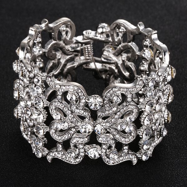 

vintage silver alloy bracelet symmetrical design with rhinestone ornaments simple bridal jewelry, Golden;silver