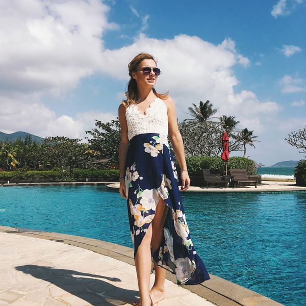 

summer style 2021 new arrivals women dress chiffon spaghetti strap backless print lace transparent evening party dress, Black;gray