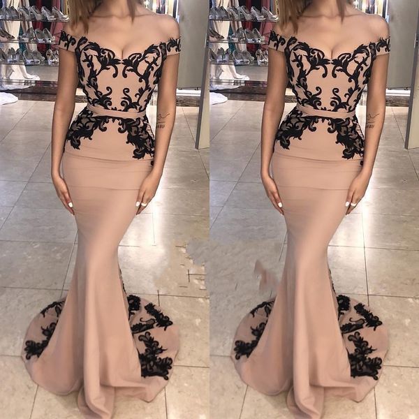 

v neck sweep train off the shoulder nude trumpet mermaid evening dresses black lace appliqued avondjurken gala jurken dames, Black;red