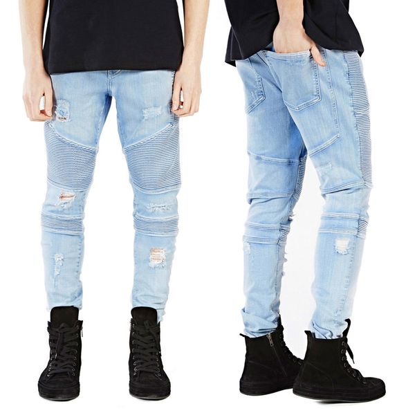 

streetwear mens ripped biker jeans homme men's fashion motorcycle slim fit black white blue moto denim pants joggers skinny men