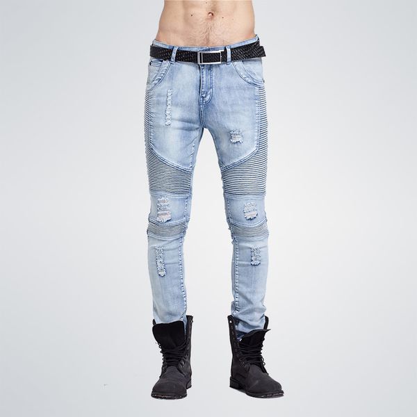 

men jeans masculina casual denim distressed men's hip hop slim jeans pants brand biker jeans skinny rock ripped jean homme wholesale, Blue