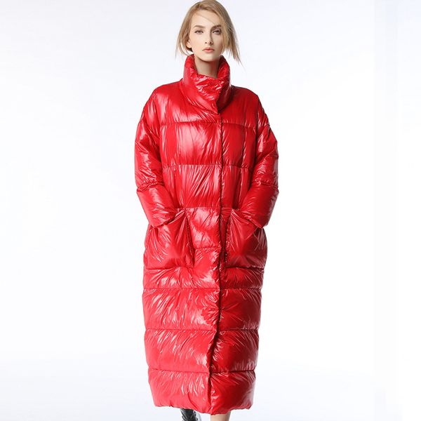 

2018 winter new down jacket ladies plus long stand collar thick warm down over knee coat big women's jacket, Black