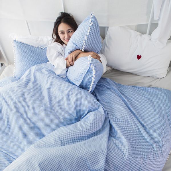 

100% cotton korean princess style bedding sets fashion simple geometric plaid stripe pattern duvet cover bed sheet set