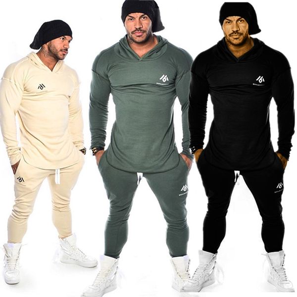 

men two piece sweatshirt cotton casual cap hooded long sleeve sweatsuit+fitness pants sports suit men's clothing sports set, White;black