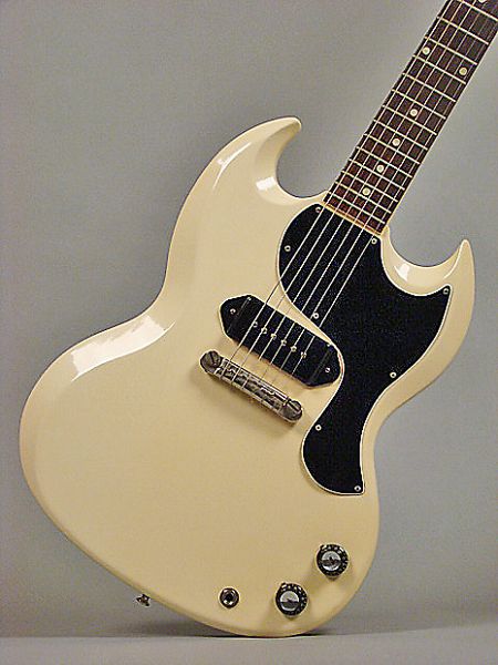 

custom sg junior 1965 polaris white electric guitar single coil black p-90 pickup, chrome hardware, black pickguard, dot fingerboard inlay