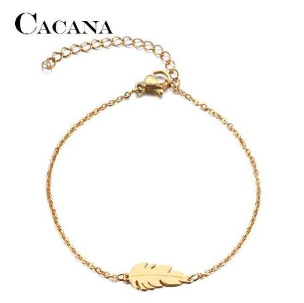 

cacana stainless steel bracelet for women feather man gold and silver color pulseira feminina lover's engagement jewelry, Golden;silver