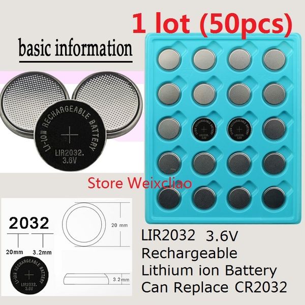 50 pcs 1 lote LIR2032 3.6 V íon de Lítio ion recarregável bateria de botão 2032 3.6 volts li-ion coin baterias substituir CR2032 Frete Grátis