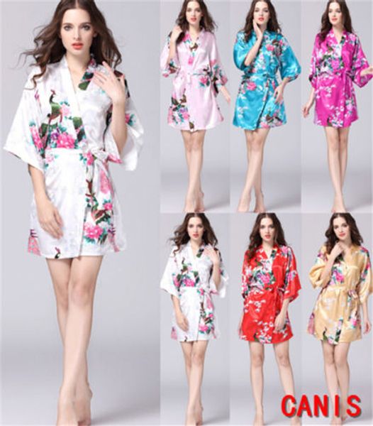 

2018 new fashion charming new silk wedding bride bridesmaid robe women floral bathrobe robe, Black;red