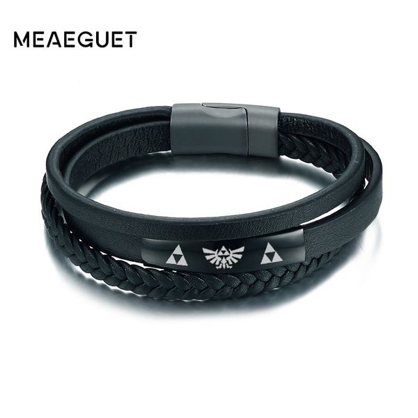 

meaeguet customized the legend of zelda braided genuine leather id bracelet bangle for men rock black stainless steel jewelry, Golden;silver