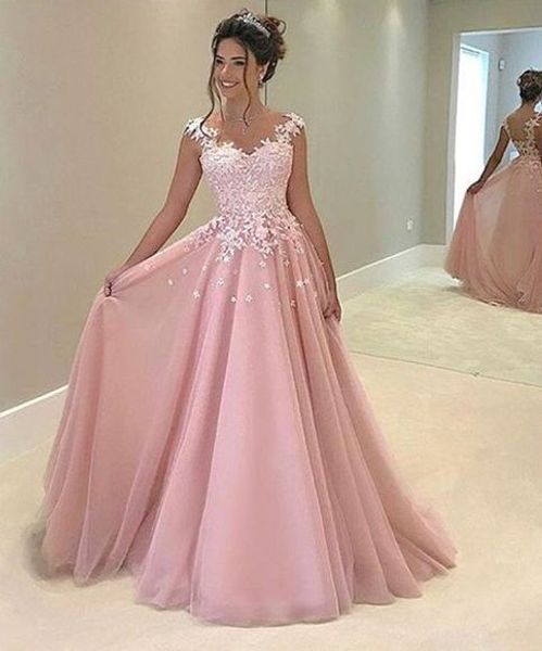 Light Rosa A-Linha Formal Vestido Prom Vestidos Empire Cintura 2022 Lace Applique Tulle Saia Elegante Vestidos de Noite Vestido de festa