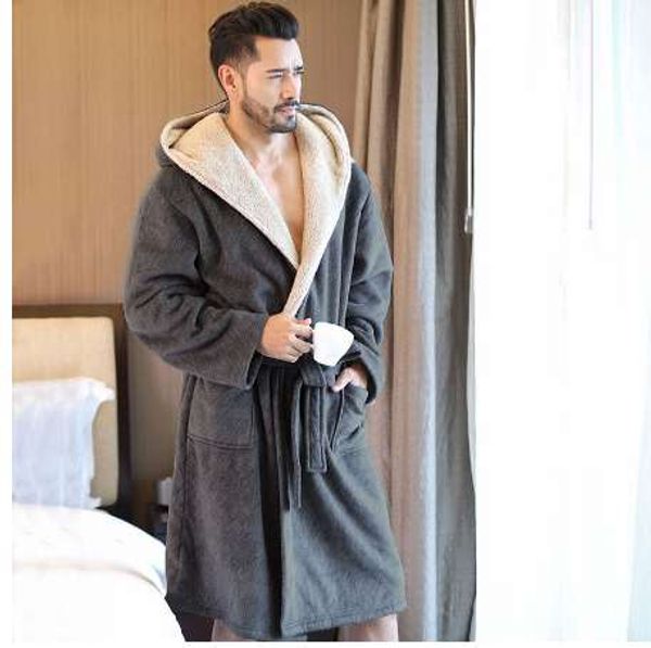 

men's winter coral velvet hooded robe male warm long bathrobes comfort gray bath robe vs t, Black;brown
