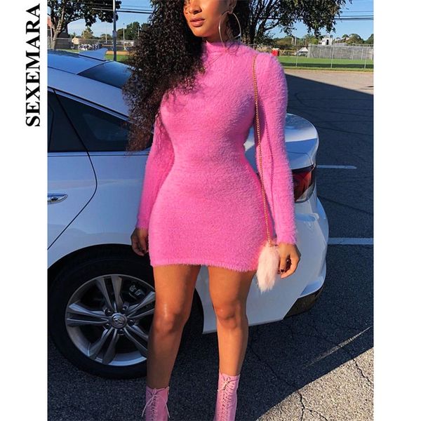 

sexemara pink fluffy women sweater dress autumn winter 2018 casual long sleeve bodycon dresses clubwear c77-i22, Black;gray