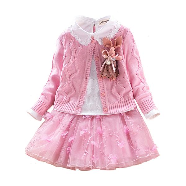 

autumn winter children`s clothes set girls sweater coat+cotton blouses+lace skirt 3pcs suit girls princess shcool clothing 4y-8y, White