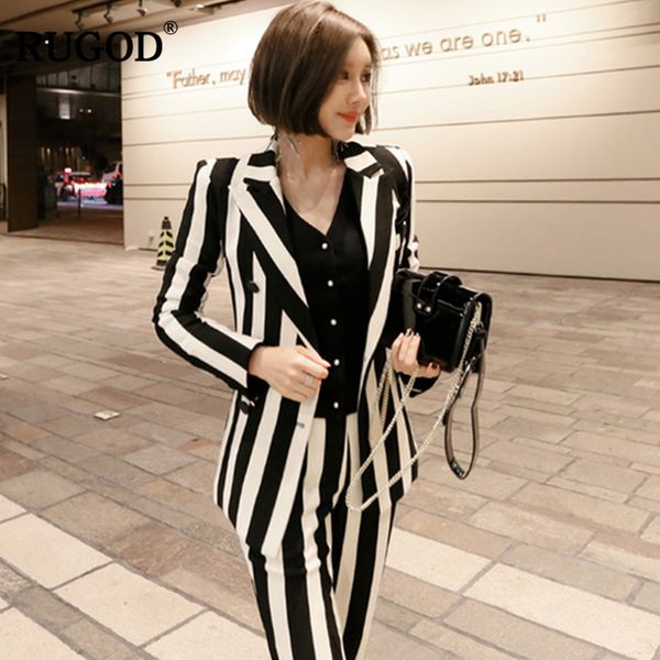 

rugod 2018 new elestraight striped office lady suits business suits for women 2 two pieces set blazer jacket & pants suit, White;black