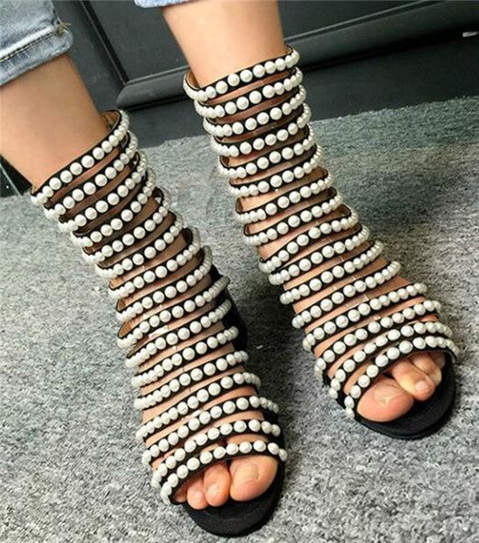 

designer sandals high heel cut out open toe summer sandal ankle boots bling bling pearls studded gladiator shoes women, Black