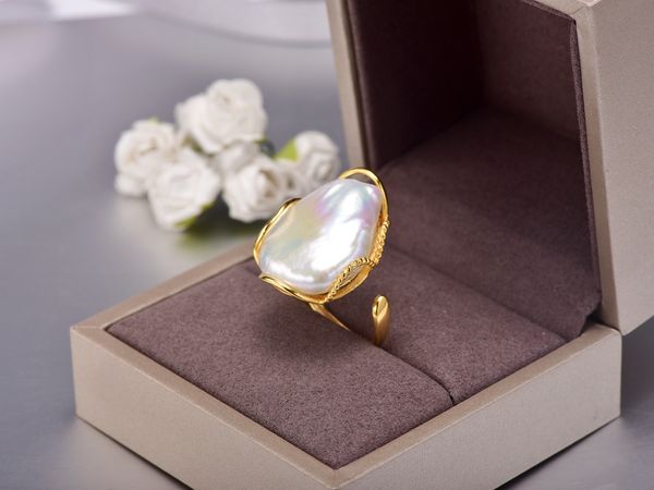 

925 silver ring 20-28mm big size baroque irregular pearl ring, Golden;silver