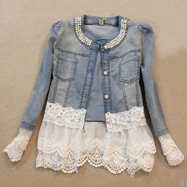 

slim lace patchwork beading women denim jacket long sleeve jeans women jackets plus size jeans coat female jacket outwear, Black;brown