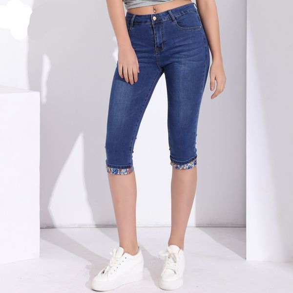 

летние узкие джинсы женские капри стрейч длиной до колен джинсовые брюки с высокой талией женские джинсы плюс размер женский короткий джин д, Blue