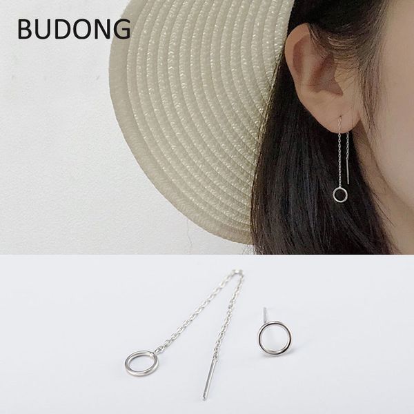 

budong 100% 925 sterling silver earrings asymmetry round tassels long earring for women lady sterling-silver-jewelry lhe0071, Golden;silver