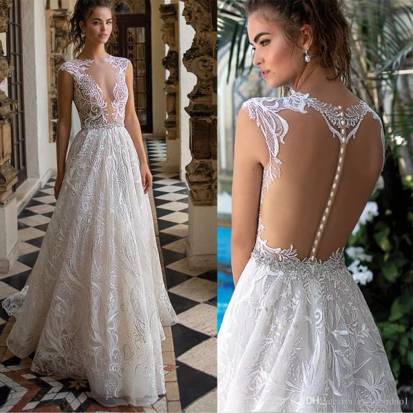 

2020 a-line wedding dresses sheer neck luxury embroidery applique illusion back sweep train plus size bridal gowns vestido de novia, White