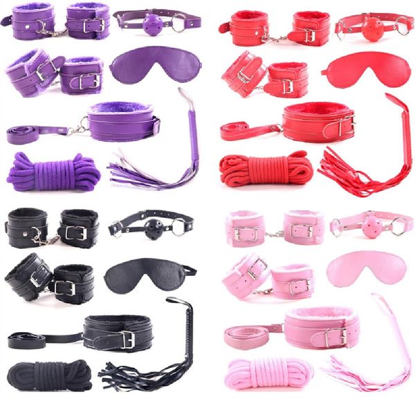 

7pcs/set handcuffs nipple clamps whip collar game toy leather fetish bondage restraint wedding party favor decor, Red;black
