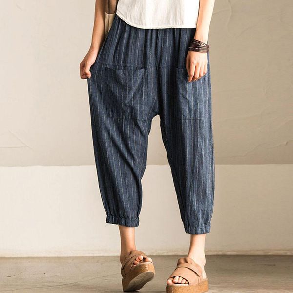 

2018 schmicker women casual work office high elastic waist pockets striped baggy harem pants turnip trousers wide leg pantalon, Black;white