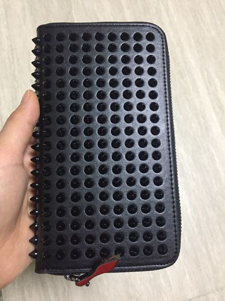 

full grain genuine leather original colorful rivets long women and men zipper wallets purse, Red;black