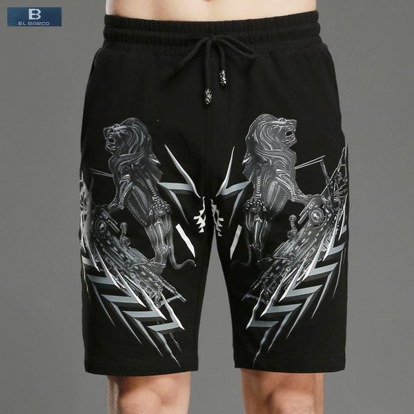 

cotton lion print men summer casual shorts bermuda knee-length straight solid black pocket male board short trousers, White;black