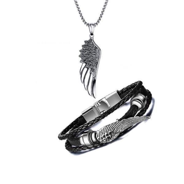 

whole salemens stainless steel angel wing pendant necklace with surfer wrap black leather cuff bracelet trendy steampunk jewelry sets, Silver