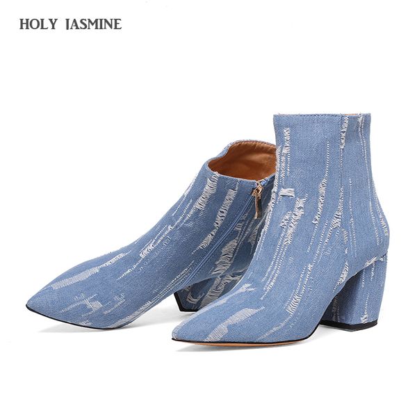 

2018 new pointed toe denim boots women super high thin heels broken hole zipper girls boots blue rough selvedge shoes women, Black